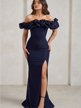 Strapless Ruffle Off-Shoulder Navy Evening Gown